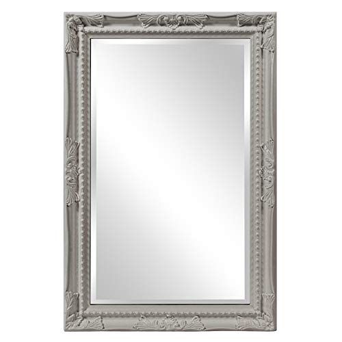 Image of Howard Elliott Collection Queen Ann Rectangular Glossy Nickel Wall Mirror, Rectangle Hanging Wood Framed Vanity Mirrors for Home Decor, Living Room, Bathroom, Bedroom, or Hallway, 24 x 36 Inch