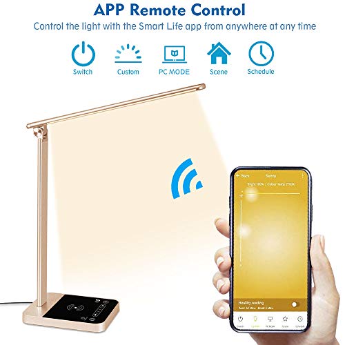 LED Desk Lamp with Fast Wireless Charger, WiFi, Desk Light 6 Brightness Levels 3 Lighting Modes Touch Control USB Port Timer Memory Function, Office Table Lamp Works with Alexa Google Home (Gold) - Thumbnail 4