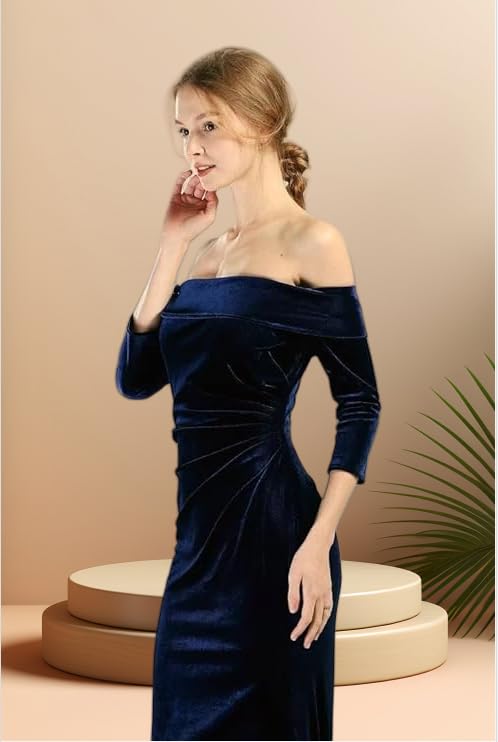 Long Sleeve Mother of The Bride Dresses Off Shoulder Wedding Guest Dress for Women Velvet Formal Gowns with Ruches3