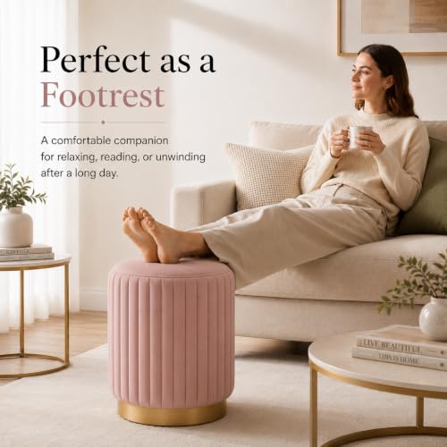 Image of Designer Velvet Round Footstool Ottoman with Sturdy Gold Metal Band Base for Home Decor & Extra Seating, Lightweight Pouf Stool for Sofa Side & Bedroom, 16x16x17 Inch (Gajri)