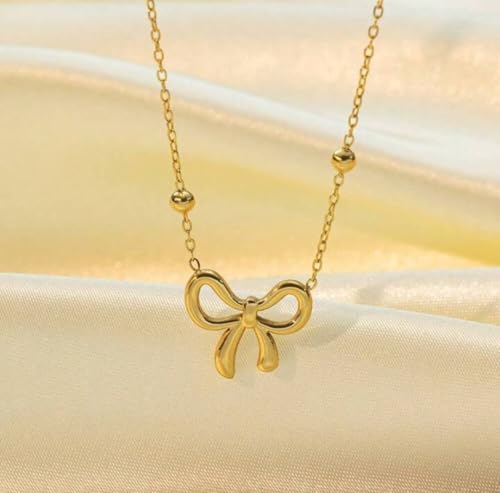Image of Bow Necklace Set For Women Stylish | Anti Tarnish Waterproof Stainless Steel Chain Pendant Necklaces Jewelry for Love | Gold Plated Jewellery Accessories for Woman & Girls | Birthday Gift for Wife & Girlfriend