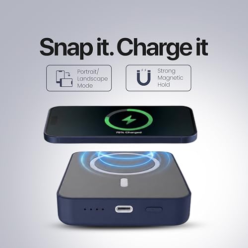 Image of Nextech Mag-Safe Magnetic Wireless Power Bank 10000mAh | 22.5W Fast Charging PD Type C | 15W Powerbank for iPhone & Android | Compact Slim Portable Charger with LED Indicator - Greyblue