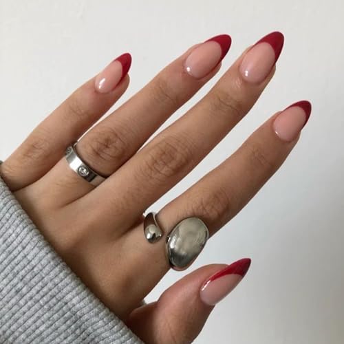 Modelones Press on Nails Almond, Short Red French Tip Fake Nails Chrome, Fall Halloween Nail Kit with Nail Glue Adhesive Tabs Mini Nail File, Nails Press Ons 32Pcs 16 Sizes, Women Girl Gift