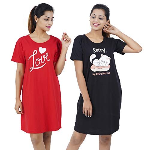 Image of Buy That Trendz Women's Long Tshirt Cotton Graphic Printed Knee Length Short Night Dress (Pack of 2)