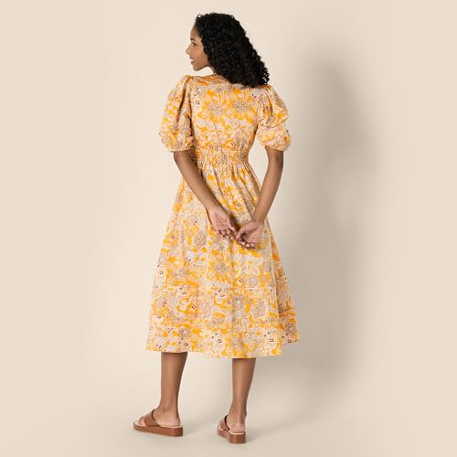 Image of Amazon Essentials Women's Regular-Fit Cotton Sateen Puff Sleeve Midi Dress, V-Neck