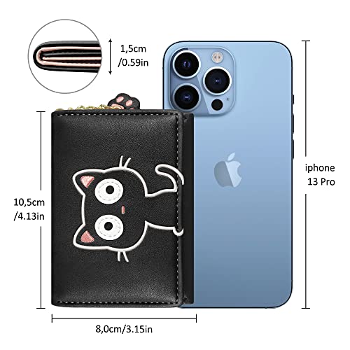 Cute Wallets for Teen Girls, Aesthetic Coquette Trifold Womens Small Wallet with Card Holder ID Window (3D Cat Pattern Black)4