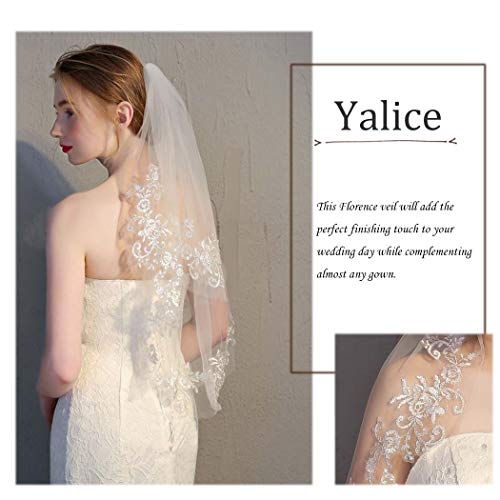 Yalice Silver Flower Bride Wedding Veil Short Ivory Lace 2T Two-tier Shoulder Bridal Veils Soft Tulle Hair Accessories