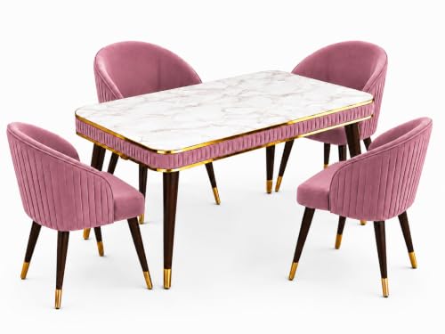 Image of WOODEN SPACE Majestic 4 Seater Wooden Dining Table Set | Urban Marble Top Dining Table with Chairs for Dining Room & Kitchen (Pink Majestic Backline)