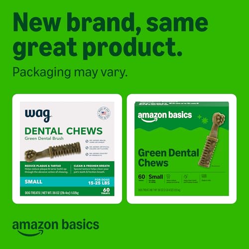 Image of Amazon Basics Dental Dog Treats to Help Clean Teeth & Freshen Breath for Small Dogs, Small, Unflavored, Per Pack: 60 Count, 2.25 pounds (Previously Wag)