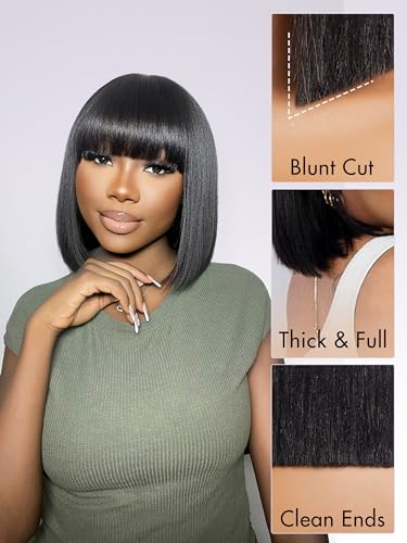 Luvme Hair 10 Inch Light Yaki Straight Bob Wig With Bangs Human Hair Realistic Hd Lace Short Black Bob Wigs thumb #2