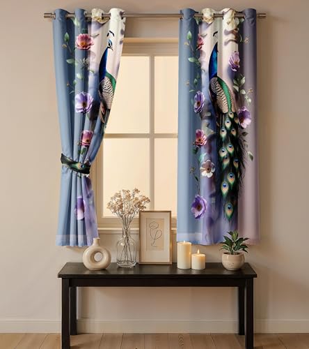 Image of Ultimate Trends Room Darkening Digital Printed Peacock Prints Curtain 65-70% Opacity,Diamond Eyelets, Tie Back, 6 FEET Pack of 2,Slate Blue