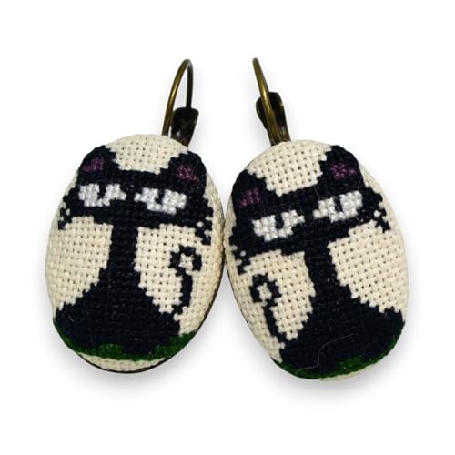 Handmade Cross-Stitch Embroidered Cat Earrings, Black and White