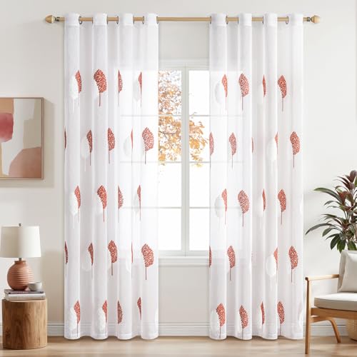Rideaux Voilage Orange Brûlé avec Beau Motif de Feuilles Décoratifs, Intérieurs Rideau Voile Brodé a Oeillets Largeur 140 CM Hauteur 245, Transparent...