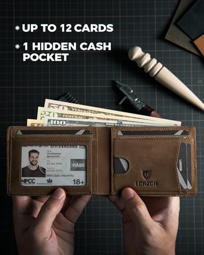 LORZOR Full Grain Vintage Leather Wallet for Men, Minimalist Front Pocket Mens Wallet Slim Bifold RFID Blocking with ID Windows, Gift for Men Dad Husband3
