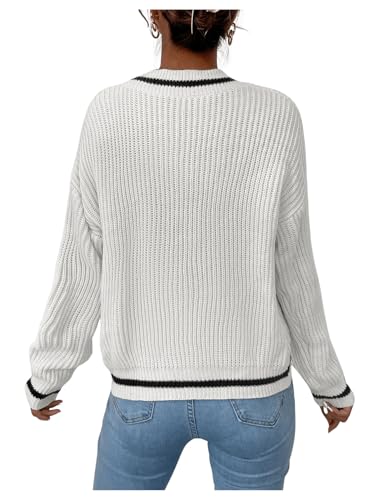 OYOANGLE Women's Ribbed Knit Preppy Sweater Long Sleeve V Neck Drop Shoulder Top2