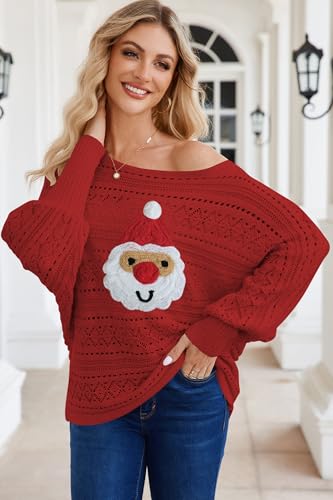 Image of Cakulo Womens Off Shoulder Crochet Sweater Top 2025 Fall Fashion Batwing Long Sleeve Sweaters Outfits Xmas Snowman S