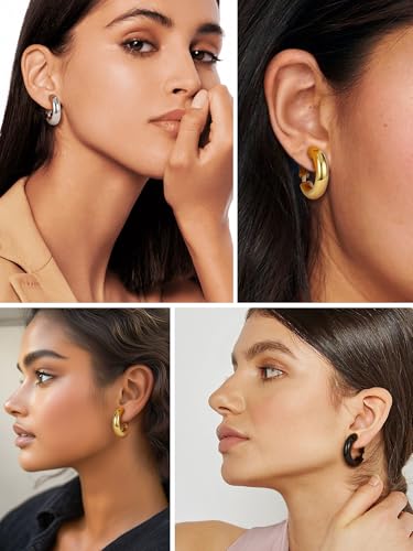 Image of Stainless Steel Chunky Hoop Earrings For Women, Minimalist and Chic, Black /Gold Plated, Round Hoops Earrings Hypoallergenic, Size: 30mm /40mm /60mm /80mm, Come with Box