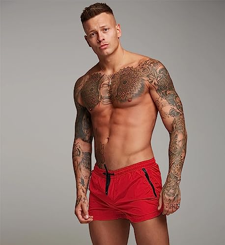 Mens Swim Trunks Quick Dry Swimwear Zipper Pockets, Swim Shorts With Mesh Lining Red #TOP2