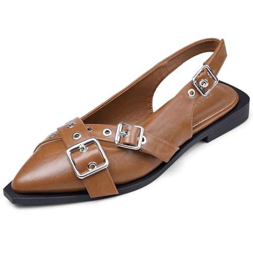 Greatonu Women's Slingback Flats for Women Ballerina Shoes Studs Buckle Flat Shoes Cross Strap Closed Toe Sandals Pointed Toe Ballet Flats Casual Party Dressy Shoes4