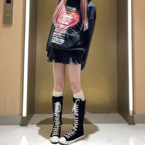 Women's Gothic Canvas Knee High Boot Lace Up Side Zip High Dance Boots Teen Girls Punk Y2K Sneaker Boots School Shoes4