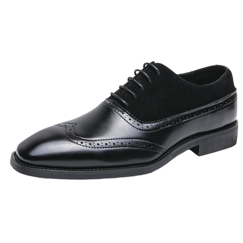 Classic Lace-up Formal Tuxedo Shoes Oxford Dress Shoes for Men Lace Up Apron Toe Patchwork Canvas Shoes Anti-Slip Rubber Sole Block Heel