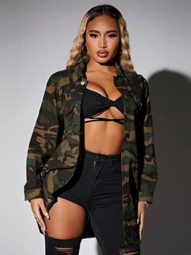 WDIRARA Women's Camo Print Button Front Long Sleeve Denim Jacket Pocket Outerwear3