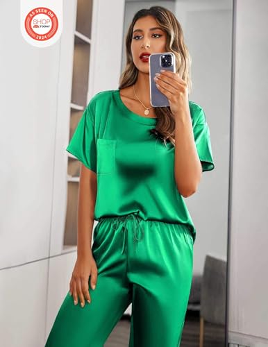 Image of Ekouaer Womens Satin Silky Pajama Set Short Sleeve Shirt with Long Pajama Pant Set Soft PJ Loungewear