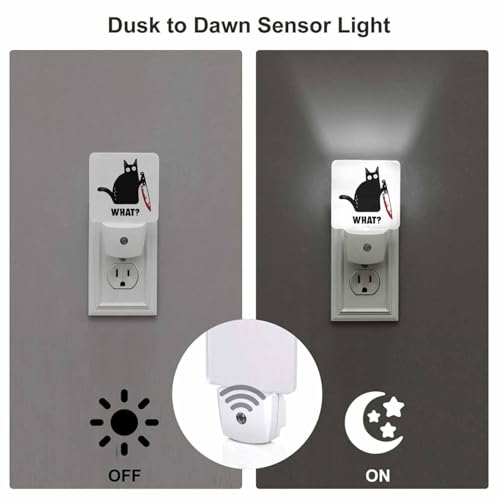 Image of LED Night Light,Black Cat and Knife What LED Night Light Plug into Wall with Dusk to Dawn Light Sensor White Energy Efficient Nightlight for Bedroom Bathroom Hallway Living Room Kitchen