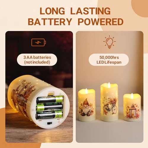 Image of Eywamage Fall Fiber Optic Flameless Pillar Candles with Remote Timer, Flickering Pumpkin Maple Leaves LED Battery Candles Autumn Harvest Home Table Decor Set of 3
