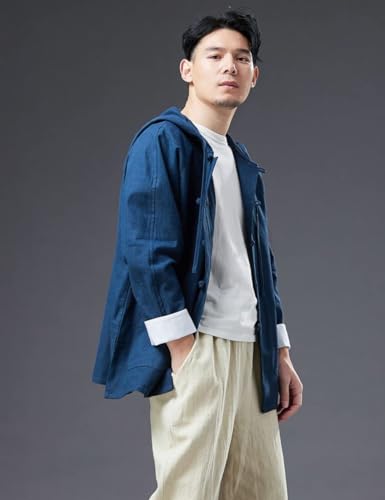 LUZU JUNU Mens Long Sleeve Linen Cotton Hippie Shirts Retro Style Drawstring Hoodie Jacket Button Up Sweatshirts4