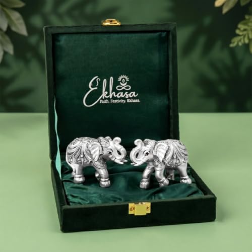Image of Ekhasa 999 Pure Silver Plated Elephant Statue Pair for Vastu & Good Luck with Velvet Gift Box | Home & Office Decor | Housewarming Ceremony, Wedding, Griha Pravesh, Diwali & Festive Gift