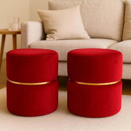 Image of Wooden Puffy Stool for Living Room Round Footstool - Ottoman Stool for Living Room Furniture Round Ottoman - Sitting Pouffe Ottoman Stool /Room Dcor /Office Stool - (Set of 2 Red)