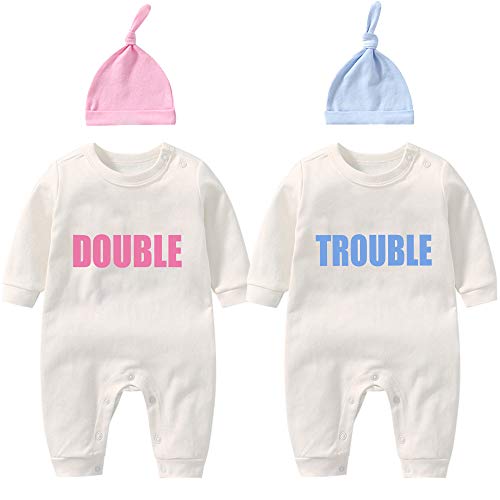 Image of AOUYOA Baby Twins Bodysuits Newborn Baby Boy Outfit Funny Double Trouble Clothing Girl Romper With Hat
