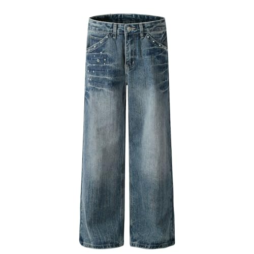 Jeans Pants Trousers Denim Street Trendy Retro Washed Blue Grinding White Commuter Loose Straight Men3