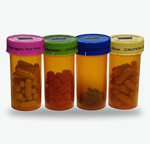 TimerCap Automatically Displays Time Since Last Opened - Built-in Stopwatch Smart Pill Bottle Cap Medication Reminder Case (Qty 4-1.8 oz Amber Bottles) EZ -Twist/CRC