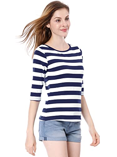 Allegra K Women's Elbow Sleeves Top Round Neck Slim Fit Tee Casual Printed T-Shirt Medium White Dark Blue #TOP3