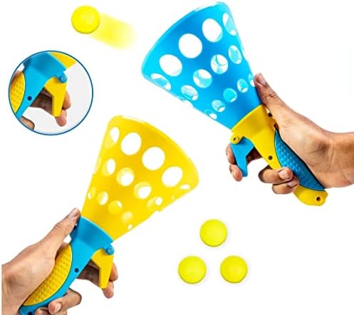 Storio Click and Catch Twin Ball Launcher Game with 3 Balls Indoor Outdoor Toy Set, Pop & Catch Ball Play Fun Boys & Girls - Multicolor