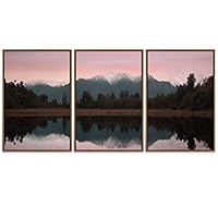 SIGNWIN Framed Canvas Wall Art Pink and Red Sunset Over Lake Matheson, New Zealand Landscape Ocean Photography Modern Panoramic Relax/Calm for Living Room, Bedroom, Office - 16