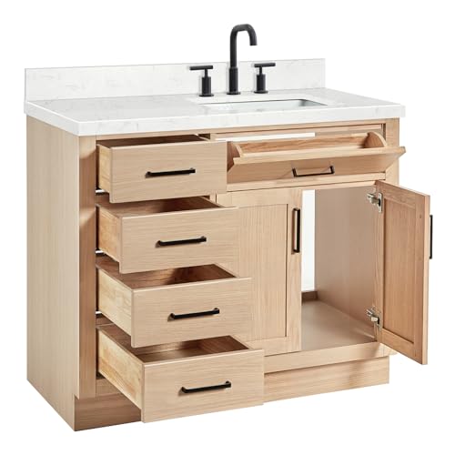 ARIEL Hepburn 42\" Inch Oak Single Bathroom Vanity with Sink, Carrara White Quartz Countertop 1.5 inch Edge and backsplash, Soft Closing Door and Drawer, Matte Black - Thumbnail 6