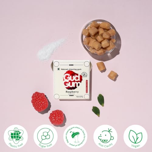Image of Gud Gum- Natural, Plastic Free Chewing Gum -21g x 2 - Mini Pack of 2 - No added artificial colours, flavours & sweeteners (2 Pack, Strawberry - Raspberry)