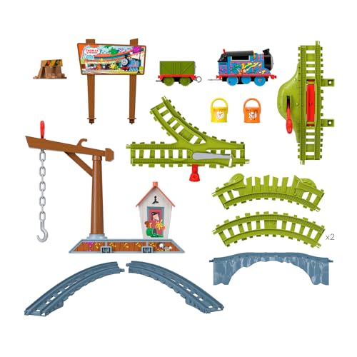 Miniatura 5 de Thomas y sus amigos Reparto de pintura, Set de juego con locomotora motorizada, vagón y vías para tren de juguete, 15 piezas, juguete regalo para niños y niñas +3 años, HTN34