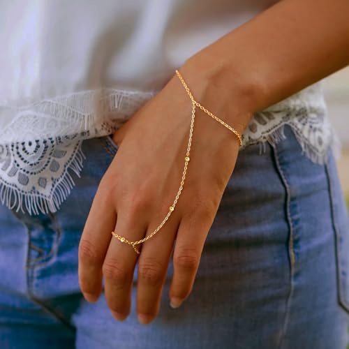 Image of Moodear Gold Bracelets for Women Non Tarnish - Dainty Bead Hand Chain Ring Link Bracelet for Women Trendy Jewelry Gift