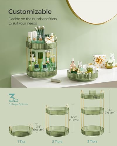 Image of SONGMICS Makeup Organizer, 3-Tier Countertop, Customizable, Pale Green | Customizable skincare organizer countertop, round rotating, toiletries vanity organizer, lazy susan, gift UJKA011C01