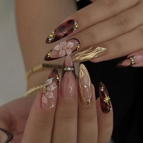 BABALAL Brown Press On Nails, Medium Almond Fake Nails - Gold Chr...