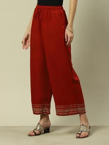 Image of Rangriti Rust Liva Straight Solid Palazzo for Women