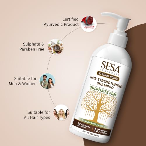 Image of Sesa Ayurvedic Strong Roots Hair Strengthening Shampoo, 300 ml With Banyan Tree Extract & 16 Ayurvedic Herbs | Sulphate & Paraben Free | For Weak, Dull, Breakage-Prone Hair | All Hair Types