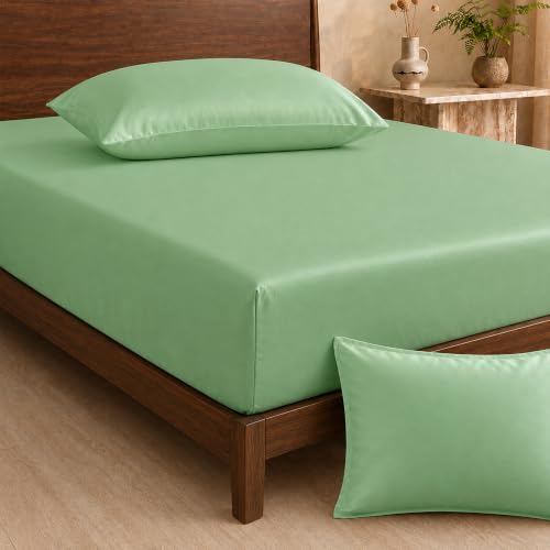 Image of HOMEMONDE 100% Bamboo King Size Fitted Bedsheet with 2 Pillow Covers | 300 TC Luxury Cooling Elastic Fitted Sheet | Ultra Soft, Breathable & Moisture Wicking | (Sage Green, 78x72 Inches)
