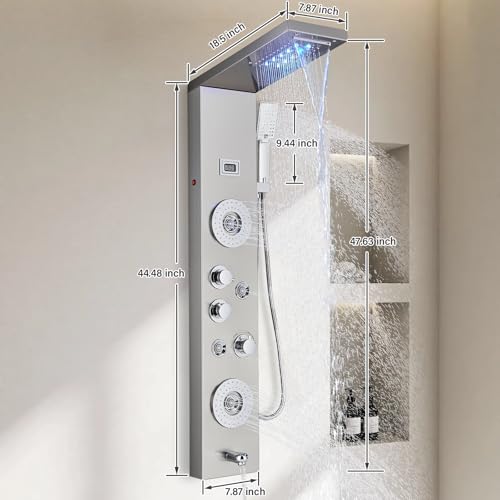 Image of FUZ Shower Panel Tower System, Stainless Steel 6 Function Shower Panel System with LED Fancy Rain Shower Head and Handheld, Comfortable Rain Massage Body Jet and Tub Spout, Brushed Nickel Shower Tower