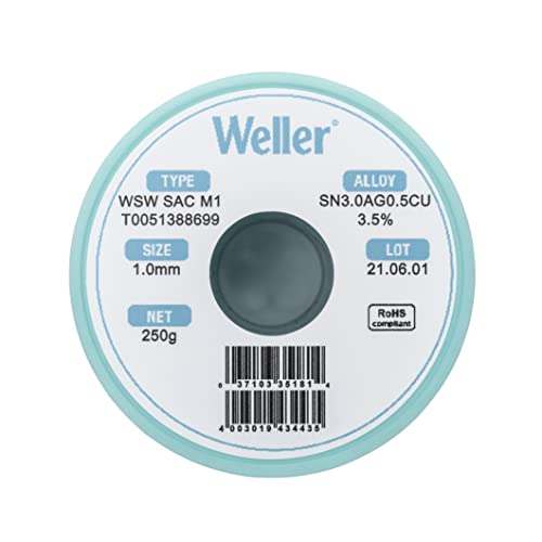 Image of Weller WSW SAC M1 (T0051402499) Lead Free Solder Wire, Dia: 1.0 mm / 0.039 in, Wt: 100 g / 3.527 oz, Alloy Sn96.5Ag3.0Cu0.5, Flux content 3.5%