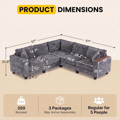 Image of 97 inch 5 Seat V-Shaped Sectional Couch, Modern Comfy Chenille Corner Sofa, Modular Convertible L-Shaped Couch, Convertible Sofa with Storage Armrests & 2 Pillows, Sectional Couches for Living Room, Grey